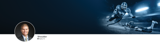 Professional headshot of Dr. Guerra (Shoulder; Naples, FL) and a photograph of a football player to represent shoulder specialty.