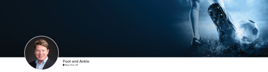 Professional headshot of Dr. McWilliam (Foot and Ankle; New York, NY) and a close-up photograph of a soccer player kicking a soccer ball to represent the foot and ankle specialty.