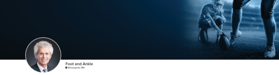 Professional headshot of Dr. Coetzee (Foot and Ankle; Minneapolis, MN) and a photograph of a football kicker to represent foot and ankle specialty.