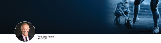 Professional headshot of Dr. Kennedy (Foot and Ankle; New York, NY) and a photograph of a football kicker to represent foot and ankle specialty.