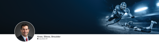 Professional headshot of Dr. Paci (Knee, Elbow, Shoulder; Long Island, NY) and a photograph of a football player to represent his medical specialties.