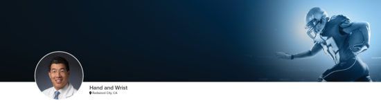 Professional headshot of Dr. Yao (Hand and Wrist; Redwood City, CA) and a photograph of a football player to represent hand and wrist specialty.