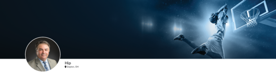 Professional headshot of Dr. Urse (Hip; Dayton, OH) and a photograph of a basketball player dunking to represent hip specialty.