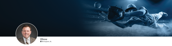 Professional headshot of Dr. Dugas (Elbow; Birmingham, AL) and a photograph of a baseball player representing elbow specialty.