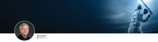 Professional headshot of Dr. Conway (Shoulder; Fort Worth, TX) and a photograph of a baseball player at bat representing shoulder specialty.