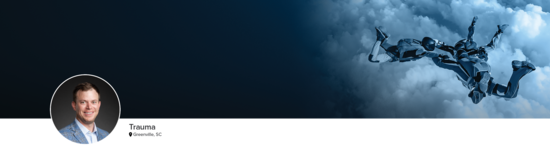 Professional headshot of Dr. Adams (Trauma; Greenville, SC) and a photograph of three skydivers locking arms in midair to represent trauma.