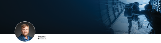 Professional headshot of Dr. Munz (Trauma; Houston, TX) and a photograph of a military parachutist to represent trauma.