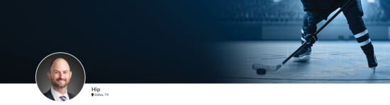 Professional headshot of Dr. Christoforetti (Hip; Dallas, TX) and a photograph of a hockey player to represent Hip specialty.