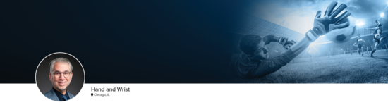 Professional headshot of Dr. Fernandez (Hand and Wrist; Chicago, IL) and a photograph of a soccer goalie reaching out with his hand to block a goal.