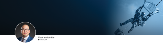 Professional headshot of Dr. Park (Foot and Ankle; Burbank, CA) and a photograph of a military parachutist to represent foot and ankle specialty.