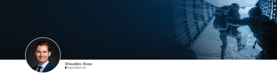 Professional headshot of Dr. Griffin (Shoulder, Knee; Virginia Beach, VA) and a photograph of a military parachutist to represent his medical specialties.