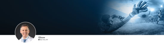 Professional headshot of Dr. Dines (Elbow; New York, NY) and a photograph of a soccer goalie reaching out with his hand to block a goal.