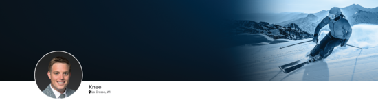 Professional headshot of Dr. Mitchell (Knee; La Crosse, WI) and a photograph of a downhill skier representing knee specialty.