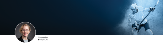 Professional headshot of Dr. Burns (Shoulder; Bridgeton, MO) and a photograph of a hockey player to represent shoulder specialty.