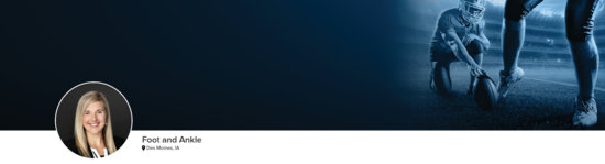 Professional headshot of Dr. Millonig (Foot and Ankle; Des Moines, IA) and a photograph of a football kicker to represent foot and ankle specialty.