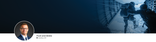 Professional headshot of Dr. Martin (Foot and Ankle; Columbus, OH) and a photograph of a military parachutist to represent foot and ankle specialty.