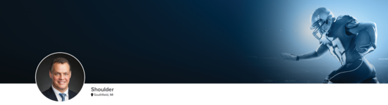 Professional headshot of Dr. Anderson (Shoulder; Southfield, MI) and a photograph of a football player to represent shoulder specialty.