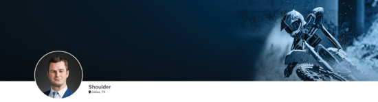 Professional headshot of Dr. Kruse (Shoulder; Dallas, TX) and a photograph of a motocross rider to represent shoulder specialty.