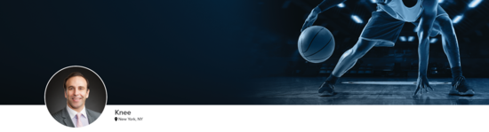 Professional headshot of Dr. Jazrawi (Knee; New York, NY) and a photograph of a basketball player to represent knee specialty.