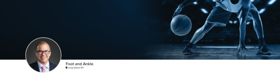 Professional headshot of Dr. Gamez (Foot and Ankle; Long Island, NY) and a photograph of a basketball player to represent foot and ankle specialty.