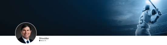 Professional headshot of Dr. Kaplan (Shoulder; Miami, FL) and a photograph of a baseball player at bat representing shoulder specialty.