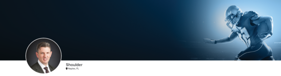 Professional headshot of Dr. Higgins (Shoulder; Naples, FL) and a photograph of a football player to represent shoulder specialty.