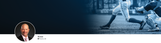 Professional headshot of Dr. Campbell (Knee; Phoenix, AZ) and a photograph of a baseball player representing knee specialty.