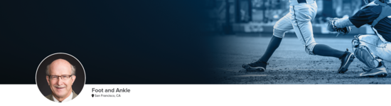 Professional headshot of Dr. Coughlin (Foot and Ankle; San Francisco, CA) and a photograph of a baseball player representing foot and ankle specialty.