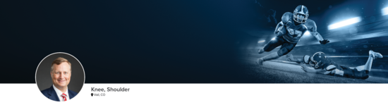 Professional headshot of Dr. Provencher (Knee, Shoulder; Vail, CO) and a photograph of a football player to represent his medical specialties.