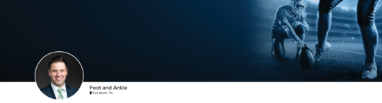 Professional headshot of Dr. Downey (Foot and Ankle; Fort Worth, TX) and a photograph of a football kicker to represent foot and ankle specialty.