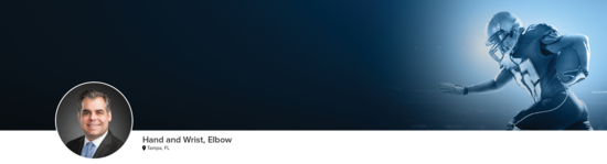 Professional headshot of Dr. Garcia (Hand and Wrist, Elbow; Tampa, FL) and a photograph of a football player to represent his medical specialties.