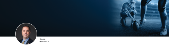 Professional headshot of Dr. Bradley (Knee; Wakefield, RI) and a photograph of a football player to represent knee specialty.