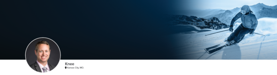 Professional headshot of Dr. Daggett (Knee; Kansas City, MO) and a photograph of a downhill skier representing knee specialty.