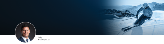 Professional headshot of Dr. Gerhardt (Hip; Los Angeles, CA) and a photograph of a downhill skier representing hip specialty.