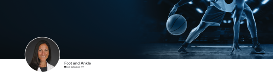 Professional headshot of Dr. Paulus (Foot and Ankle; East Setauket, NY) and a photograph of a basketball player to represent foot and ankle specialty.