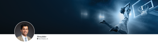 Professional headshot of Dr. Suri (Shoulder; New Orleans, LA) and a photograph of a basketball player dunking to represent shoulder specialty.