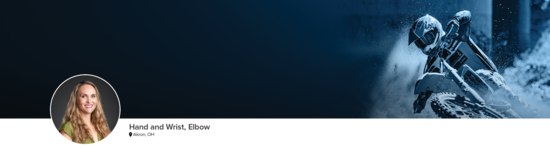 Professional headshot of Dr. Manley (Hand and Wrist, Elbow; Akron, OH) and a photograph of a motocross rider to represent her medical specialties.