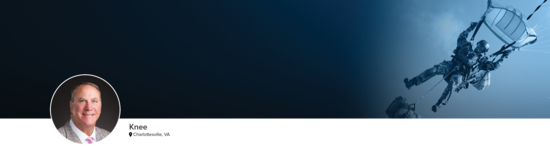 Professional headshot of Dr. Miller (Knee; Charlottesville, VA) and a photograph of a military parachutist to represent knee specialty.