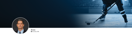 Professional headshot of Dr. Stuart (Knee; Rochester, MN) and a photograph of a hockey player to represent knee specialty.