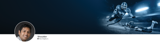 Professional headshot of Dr. Shah (Shoulder; Palos Heights, IL) and a photograph of a football player to represent shoulder specialty.