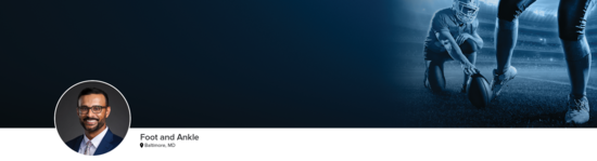 Professional headshot of Dr. Siddiqui (Foot and Ankle; Baltimore, MD) and a photograph of a football kicker to represent foot and ankle specialty.