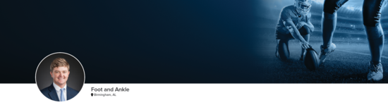 Professional headshot of Dr. Waldrop (Foot and Ankle; Birmingham, AL) and a photograph of a football kicker to represent foot and ankle specialty.