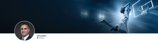 Professional headshot of Dr. Verma (Shoulder; Chicago, IL) and a photograph of a basketball player dunking to represent shoulder specialty.