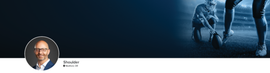 Professional headshot of Dr. Denard (Shoulder; Medford, OR) and a photograph of a football player to represent shoulder specialty.