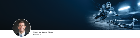 Professional headshot of Dr. Caldwell (Shoulder, Knee, Elbow; Richmond, VA) and a photograph of a football player to represent his medical specialties.