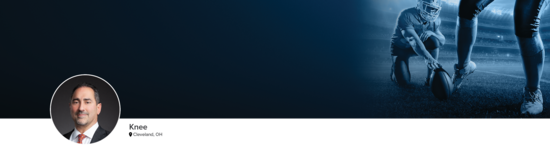 Professional headshot of Dr. Saluan (Knee; Cleveland, OH) and a photograph of a football player to represent knee specialty.