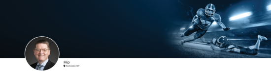 Professional headshot of Dr. Cook (Hip; Rochester, NY) and a photograph of a football player to represent hip specialty.