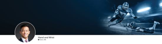 Professional headshot of Dr. Kim (Hand and Wrist; Boston, MA) and a photograph of a football player to represent hand and wrist specialty.