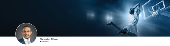 Professional headshot of Dr. Sethi (Shoulder, Elbow; Greenwich, CT) and a photograph of a basketball player dunking to represent his medical specialties.