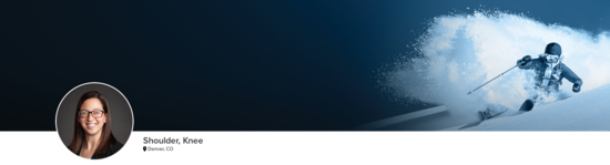 Professional headshot of Dr. Frank (Shoulder, Knee; Denver, CO) and a photograph of a downhill skier representing her medical specialties.